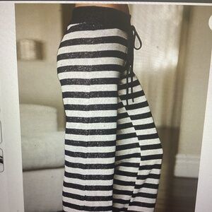 Drawstring Palazzo Lounge Wide Leg Pants Size: L(Color:Black Striped)